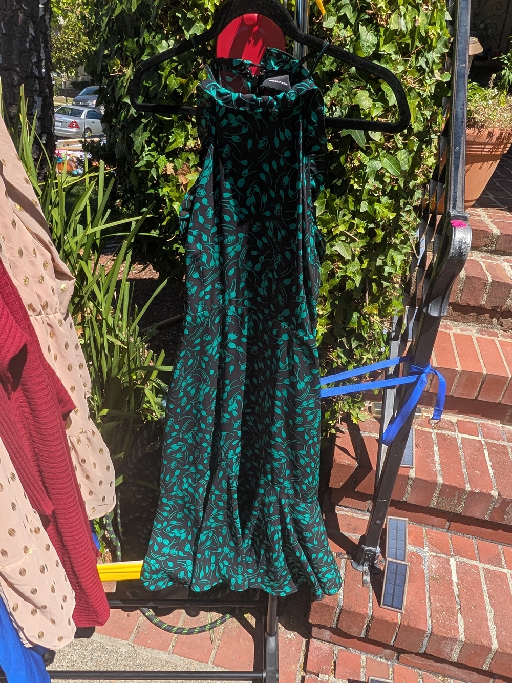 Who What Wear Black Maxi Dress with Teal Leaf Print